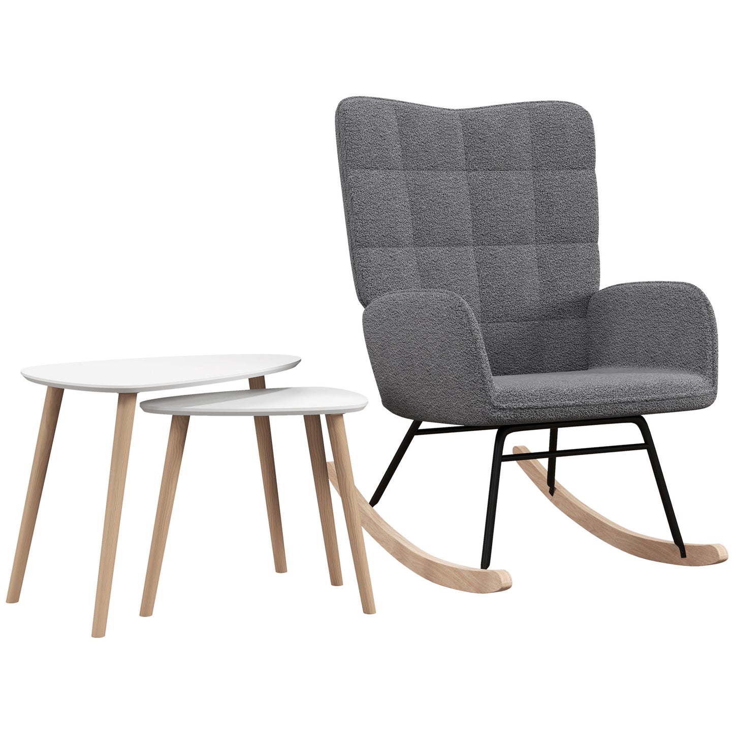 Photo of HOMCOM Living Room Furniture Set, Wingback Rocking Chair and Two Nesting Coffee Tables, White and Dark Grey in Grey colour on a white background