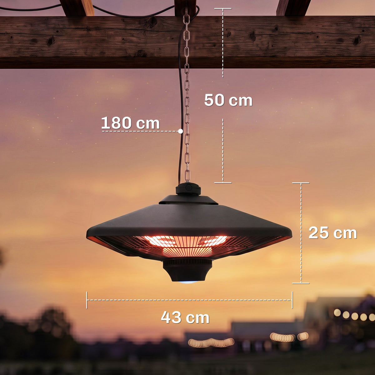 Hanging patio heater with dimensions: 43 cm wide, 25 cm high, and 50 cm chain