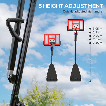 Adjustable basketball hoop shown at two heights with height-adjustment handle