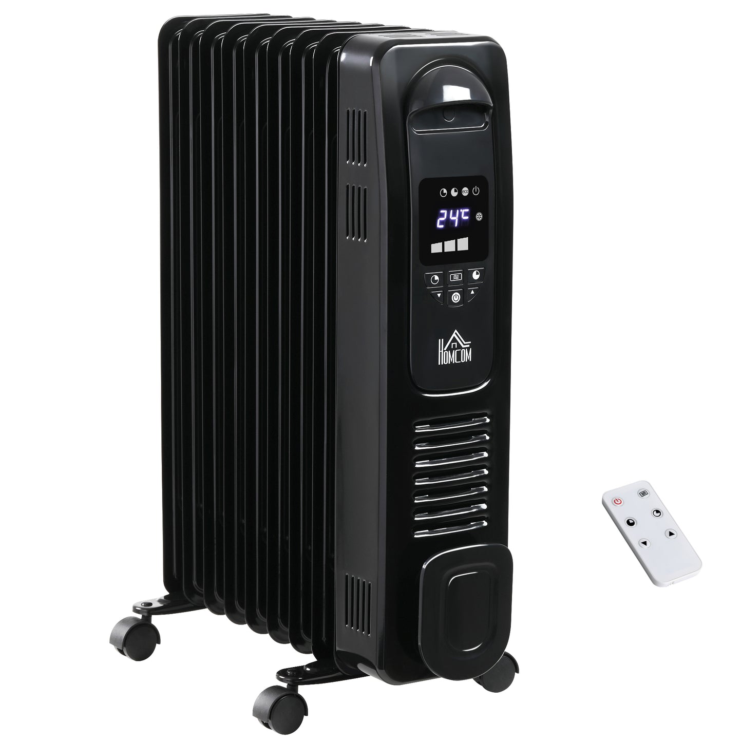 Photo of HOMCOM 2000W Digital Oil Filled Radiator, 9 Fin, Portable Electric Heater with LED Display, 24-Hour Timer, 3 Heat Settings, Safety Cut-Off and Remote Control, Black in Black colour on a white background