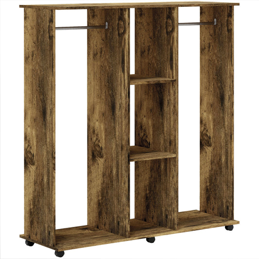 Photo of HOMCOM Open Wardrobe Double Mobile Storage Shelves Organizer W/6 Wheels-Rustic Brown in Brown colour on a white background