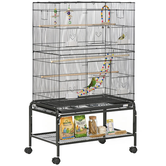 Photo of PawHut Large Bird Cage Budgie Cage with Stand, Toys, Wheels, Accessories, Storage Shelf for Canaries, Finches, Lovebirds, Parakeets - Black, 79 x 49 x 133 cm in cm colour on a white background