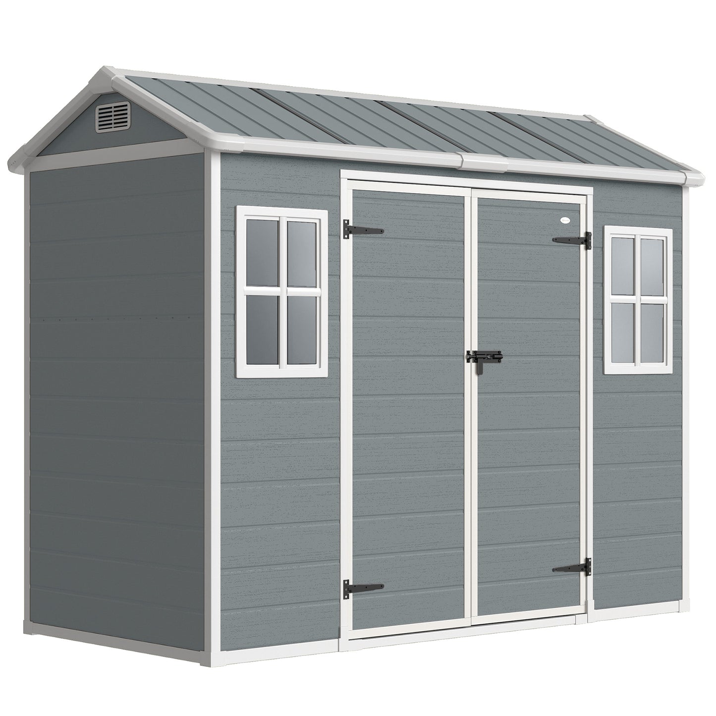 Photo of Outsunny 8 x 4 ft Plastic Garden Shed, Wood-Effect Outdoor Storage Shed with Floor, Windows, Lockable Doors and Vents, Light Grey in Grey colour on a white background