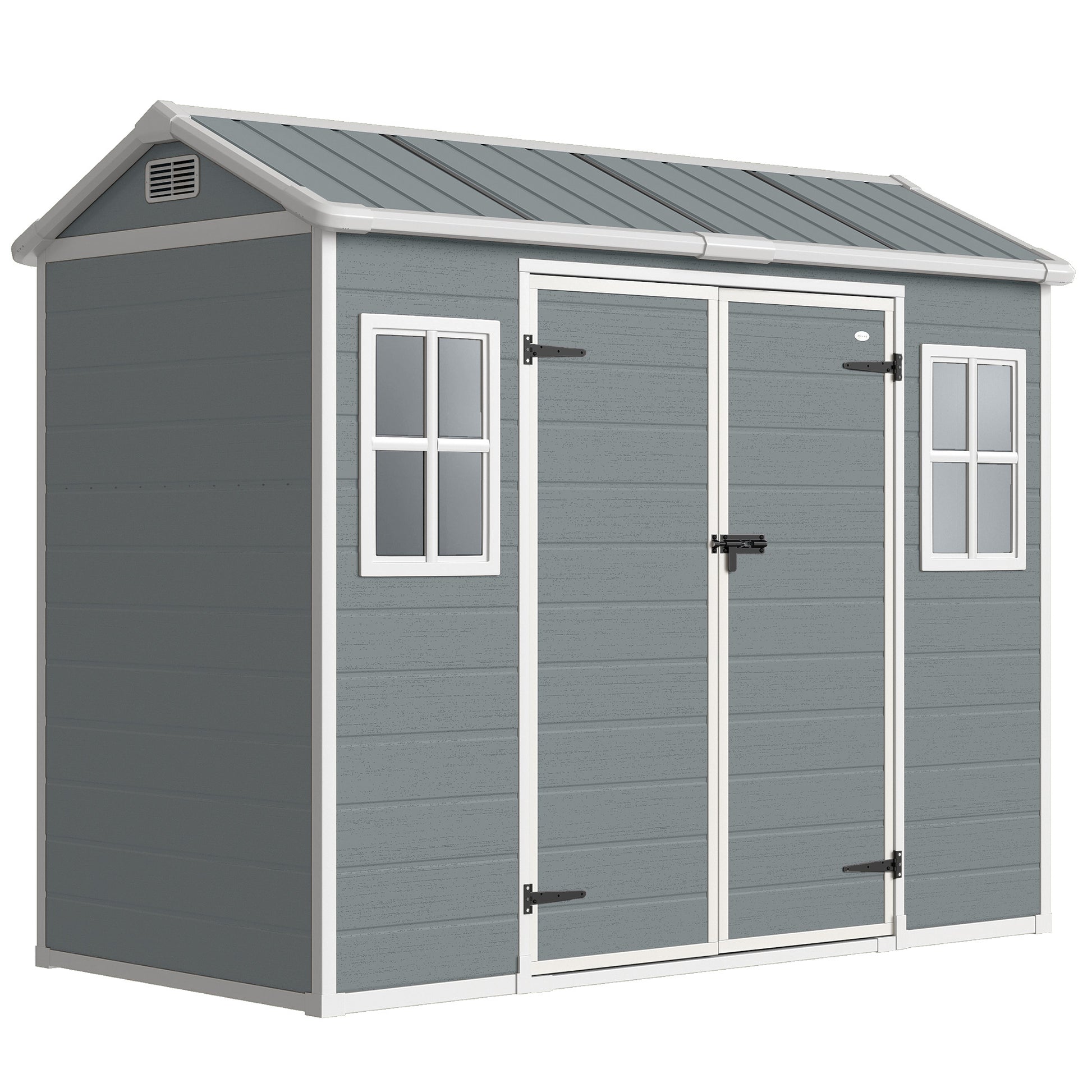 Photo of Outsunny 8 x 4 ft Plastic Garden Shed, Wood-Effect Outdoor Storage Shed with Floor, Windows, Lockable Doors and Vents, Light Grey in Grey colour on a white background