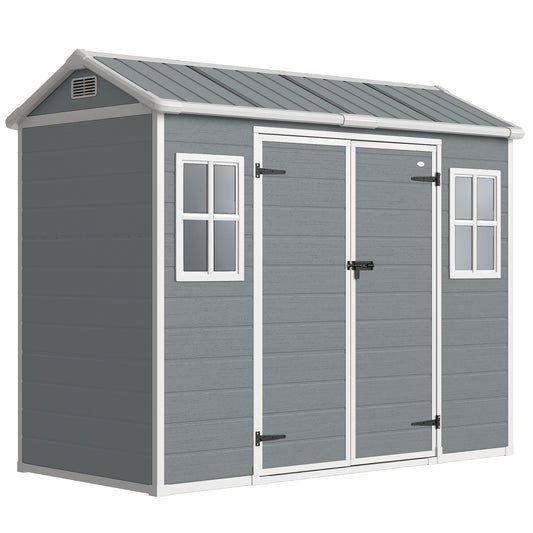 Photo of Outsunny 8 x 4 ft Plastic Garden Shed, Wood-Effect Outdoor Storage Shed with Floor, Windows, Lockable Doors and Vents, Light Grey in Grey colour on a white background