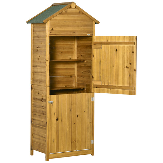 Photo of Outsunny Wooden Garden Storage Shed Utility Gardener Cabinet w/ 3 Shelves and 2 Door, 191.5cm x 79cm x 49cm, Natural wood effect in effect colour on a white background