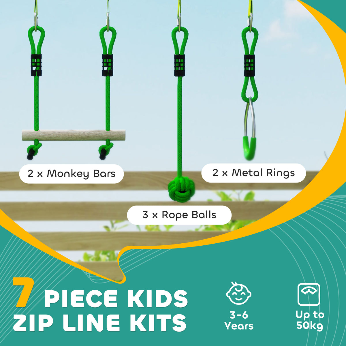 AIYAPLAY kids zip line kit with two wooden monkey bars, two metal rings, and three rope balls