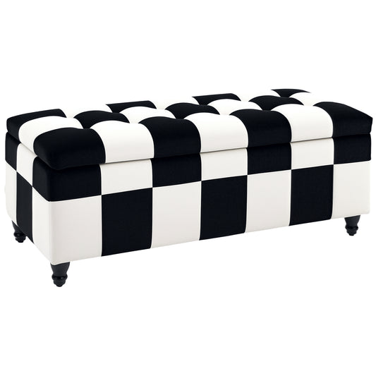 HOMCOM black and white checkerboard storage ottoman bench with tufted lid and short legs