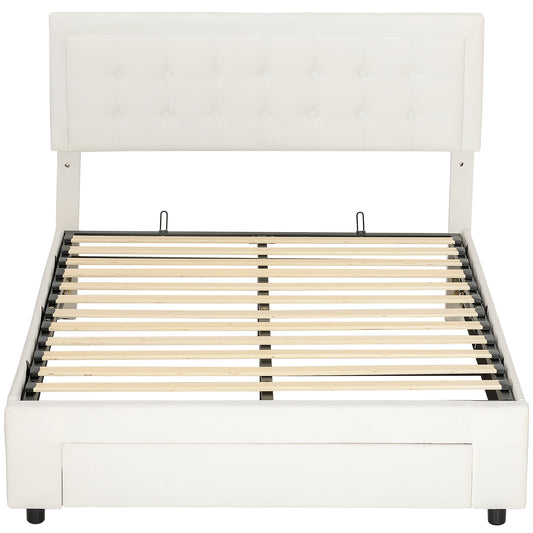 Photo of HOMCOM Double Ottoman Bed Frame, with Front Drawer - Cream in Cream colour on a white background