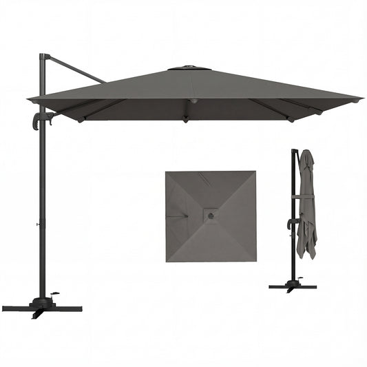 Photo of Outsunny 3 x 3 m Cantilever Parasol, Square Patio Umbrella with Crank Handle, Cross Base, Tilt, 360° Rotation, Dark Grey in Grey colour on a white background