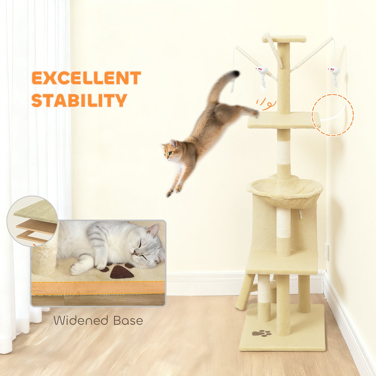 PawHut Multi-Level Cat Tree with Scratching Post, Ladder, Cat House, Beige