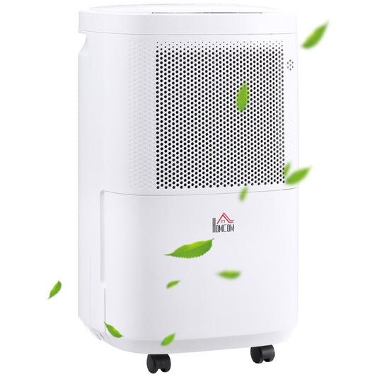 HOMCOM white dehumidifier with a perforated front grille and caster wheels.