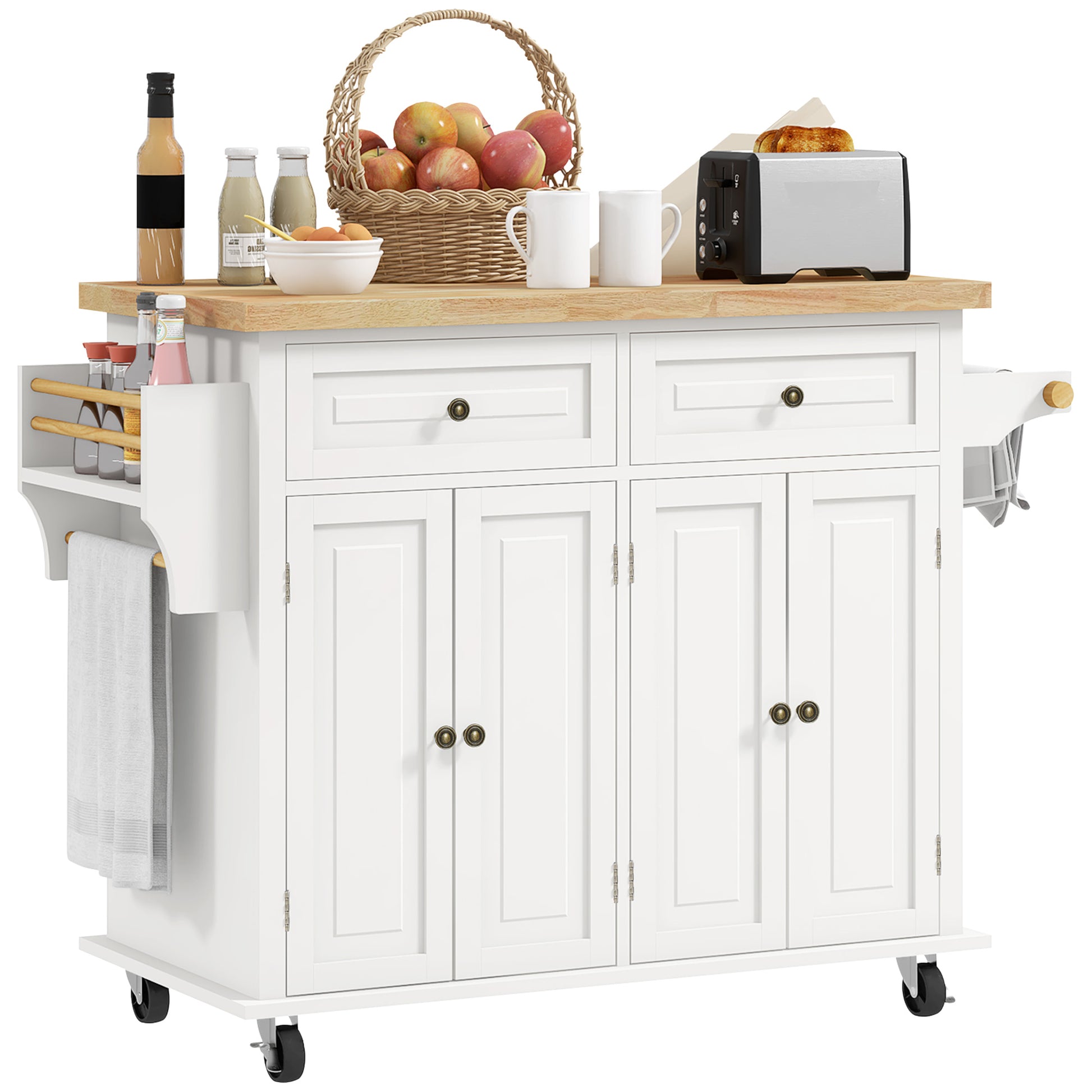Photo of HOMCOM Rolling Kitchen Island Storage Trolley with Rubber Wood Top & Drawers for Dining Room, Cream White in White colour on a white background