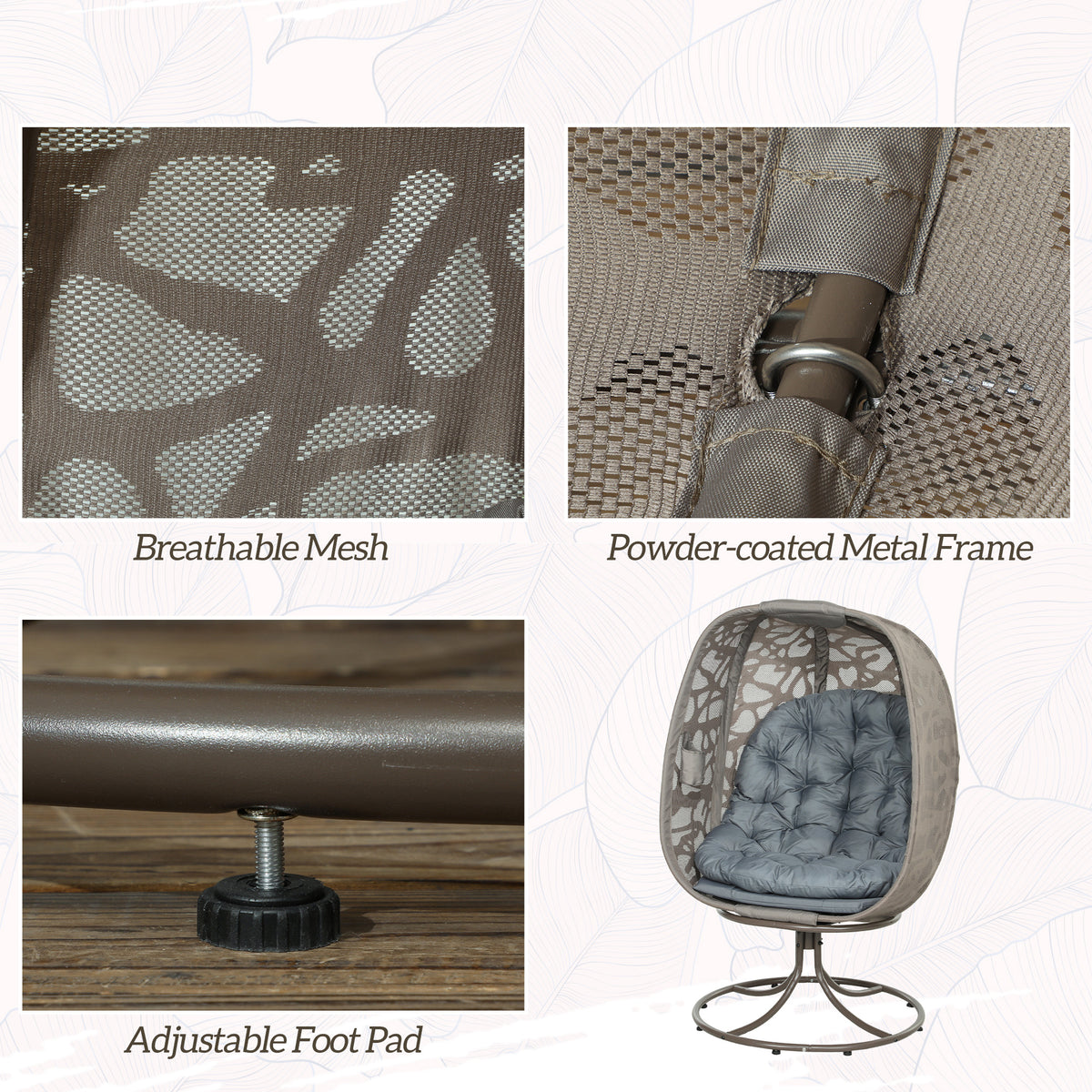 Outsunny egg chair details showing breathable mesh, metal frame, adjustable foot pad and cushion
