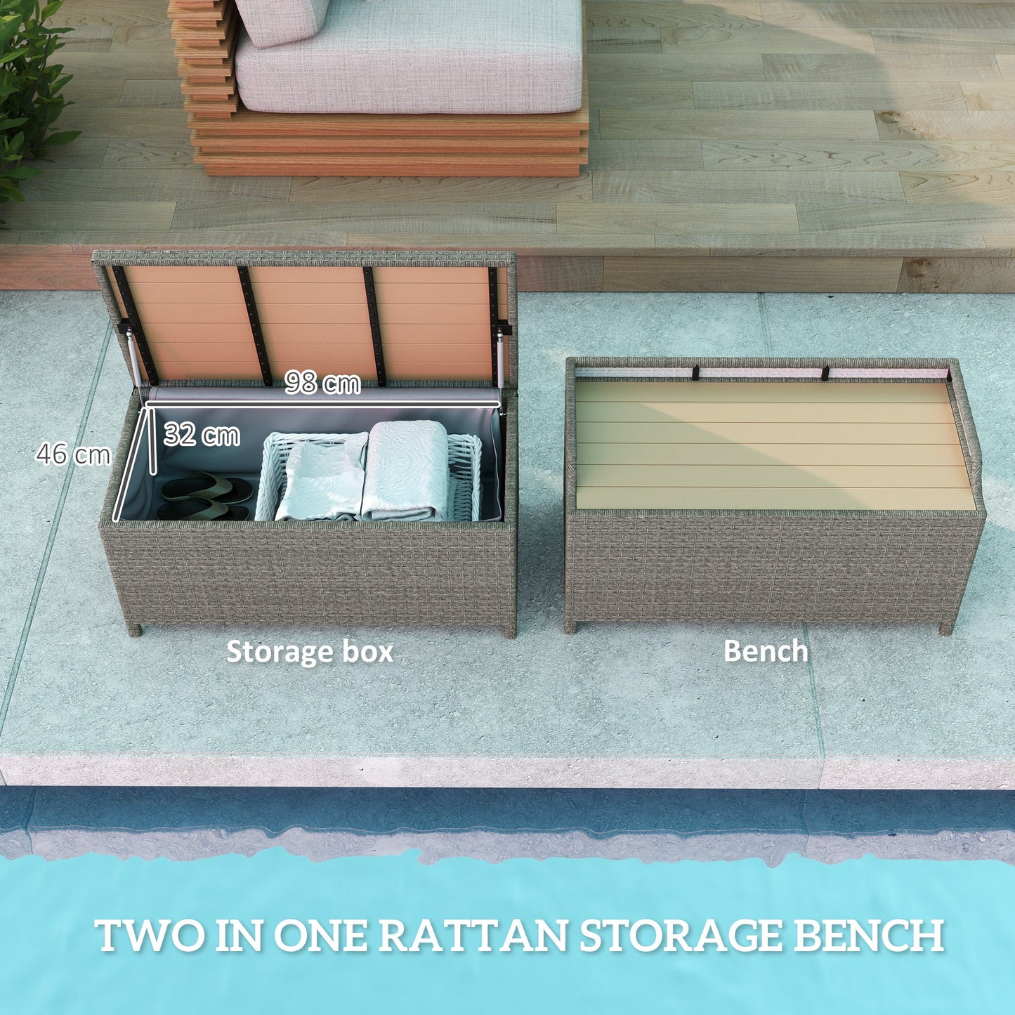 Outsunny 130 L Rattan Garden Storage Box, with Seat - Grey