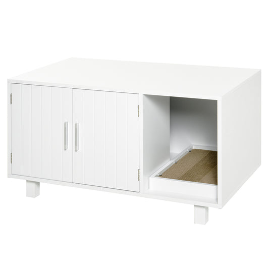 Photo of PawHut Wooden Cat Litter Box Enclosure & House with Nightstand/End Table Design, Scratcher, & Magnetic Doors, White in White colour on a white background