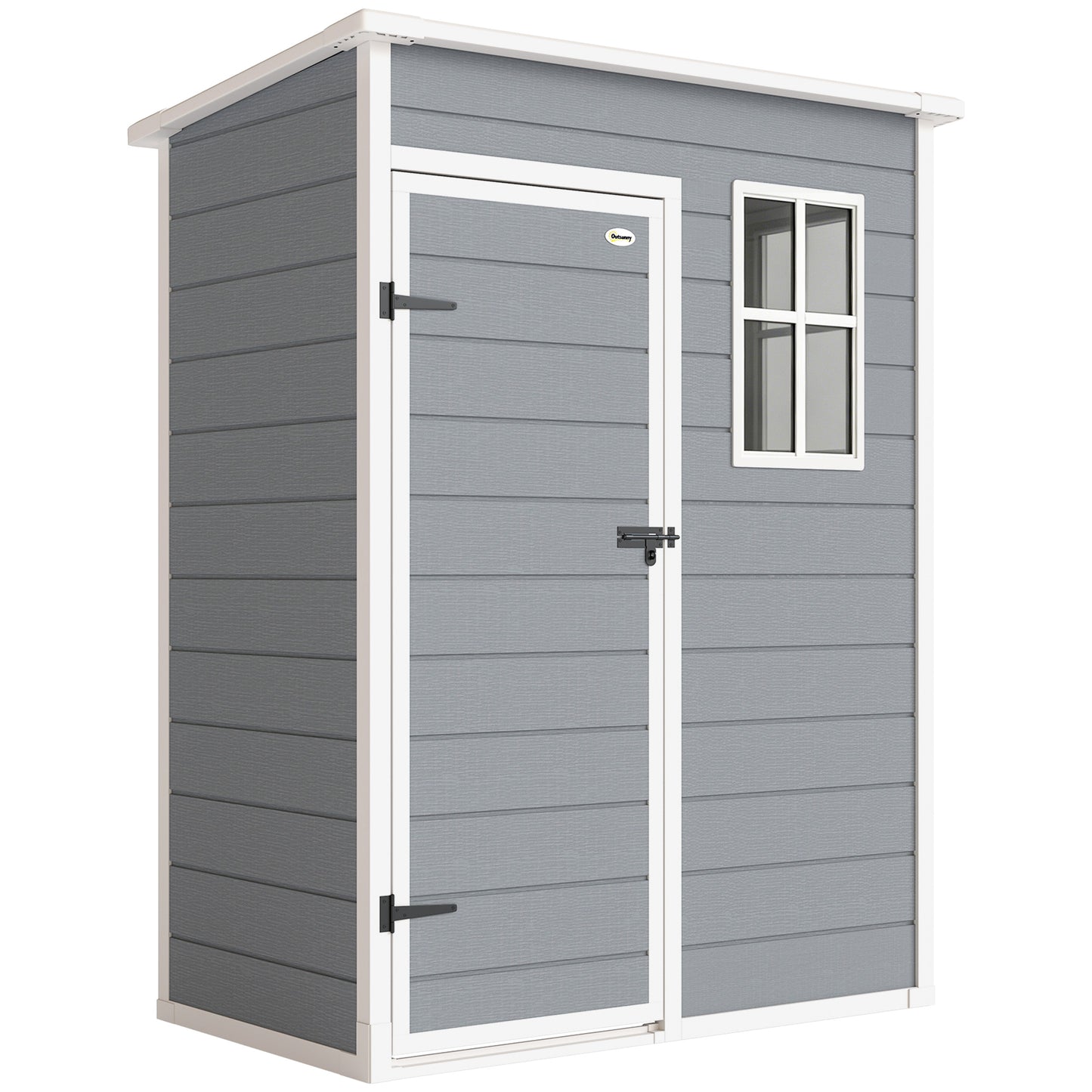 Photo of Outsunny 5' x 3' Plastic Garden Shed with Floor, Outdoor Storage Shed with Lockable Door, Window and Vent for Garden, Patio, Grey in Grey colour on a white background