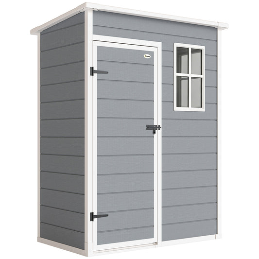 Photo of Outsunny 5' x 3' Plastic Garden Shed with Floor, Outdoor Storage Shed with Lockable Door, Window and Vent for Garden, Patio, Grey in Grey colour on a white background