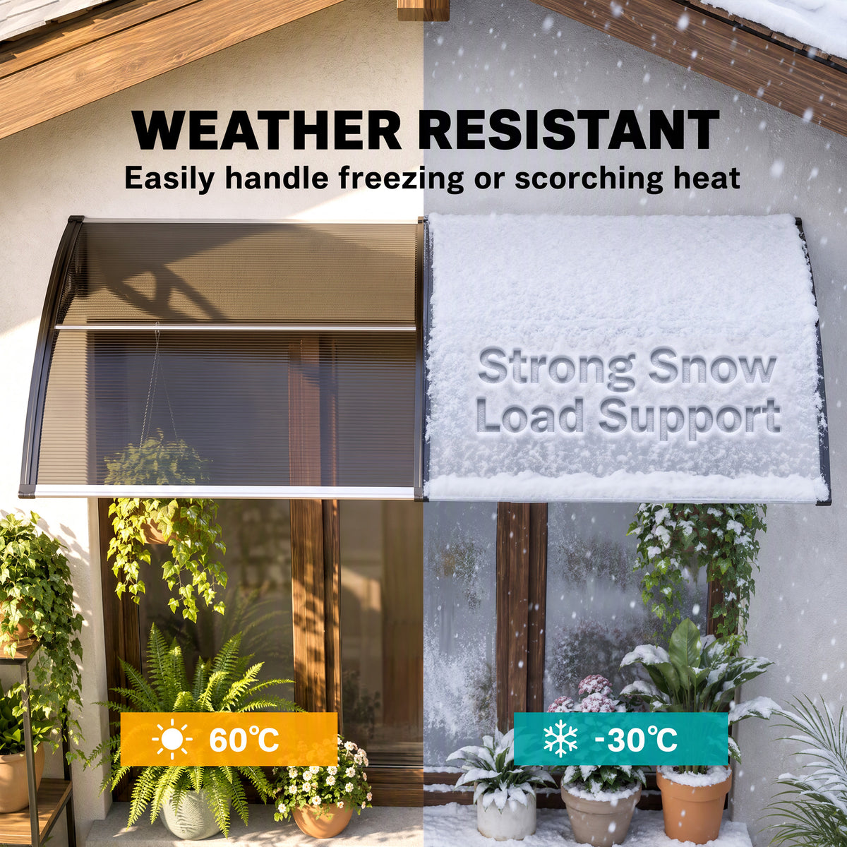 Outsunny brown weather-resistant door canopy shown with snow on half of its roof