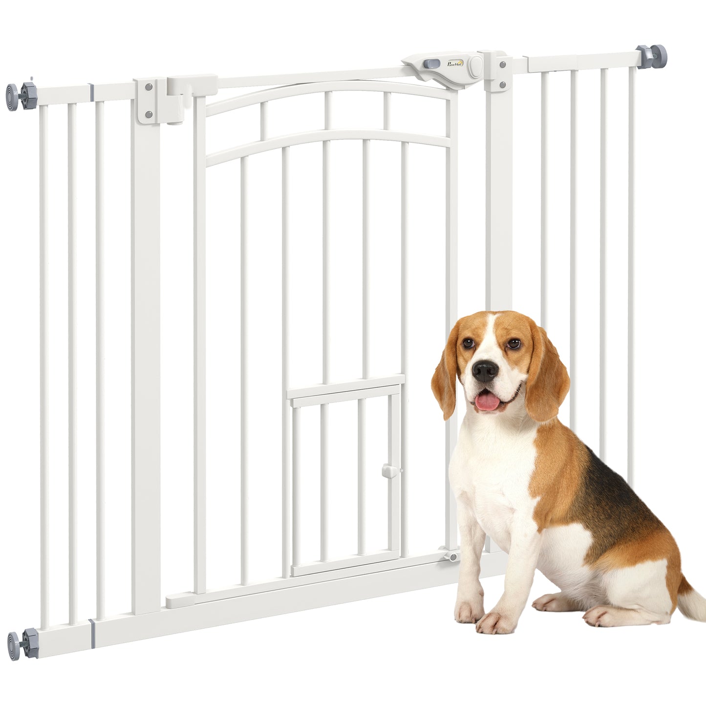 Photo of PawHut Pressure Fit Stair Dog Gate w/ Small Cat Door, Automatic Closing Door, Double Locking, for 74-100cm Openings - White in White colour on a white background