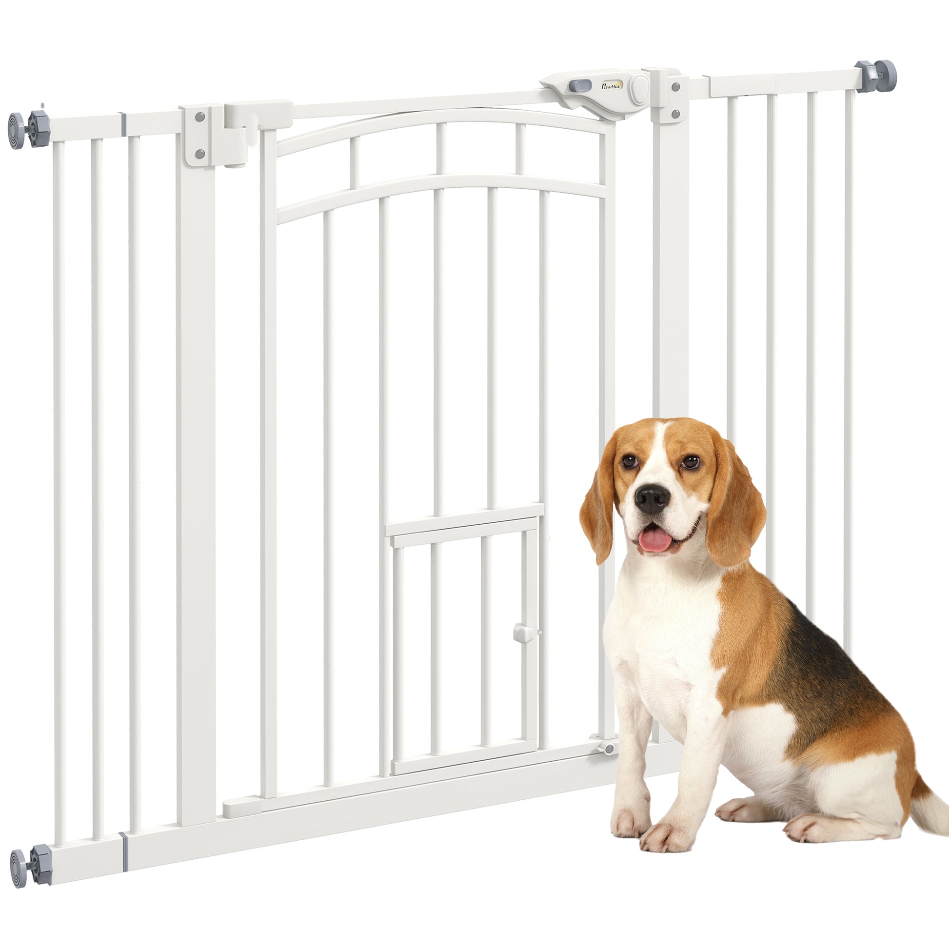 Photo of PawHut Pressure Fit Stair Dog Gate w/ Small Cat Door, Automatic Closing Door, Double Locking, for 74-100cm Openings - White in White colour on a white background