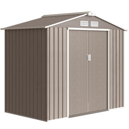 Photo of Outsunny 7 x 4ft Metal Garden Storage Shed with Vents, Floor Foundation Kit and Lockable Double Doors, Light Brown in Brown colour on a white background
