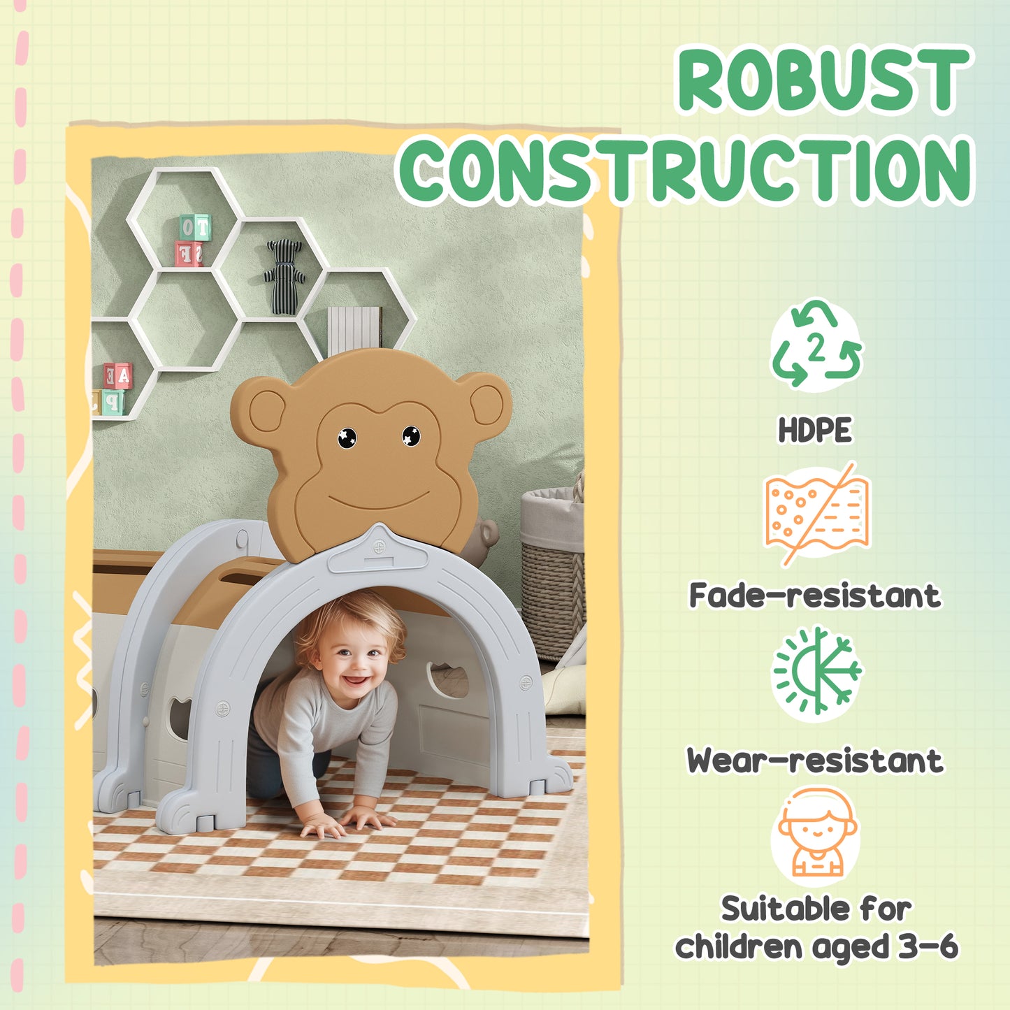 AIYAPLAY Monkey-Design Kids Play Tunnel for Crawling, Climbing, for ages 3-6 Years, Brown