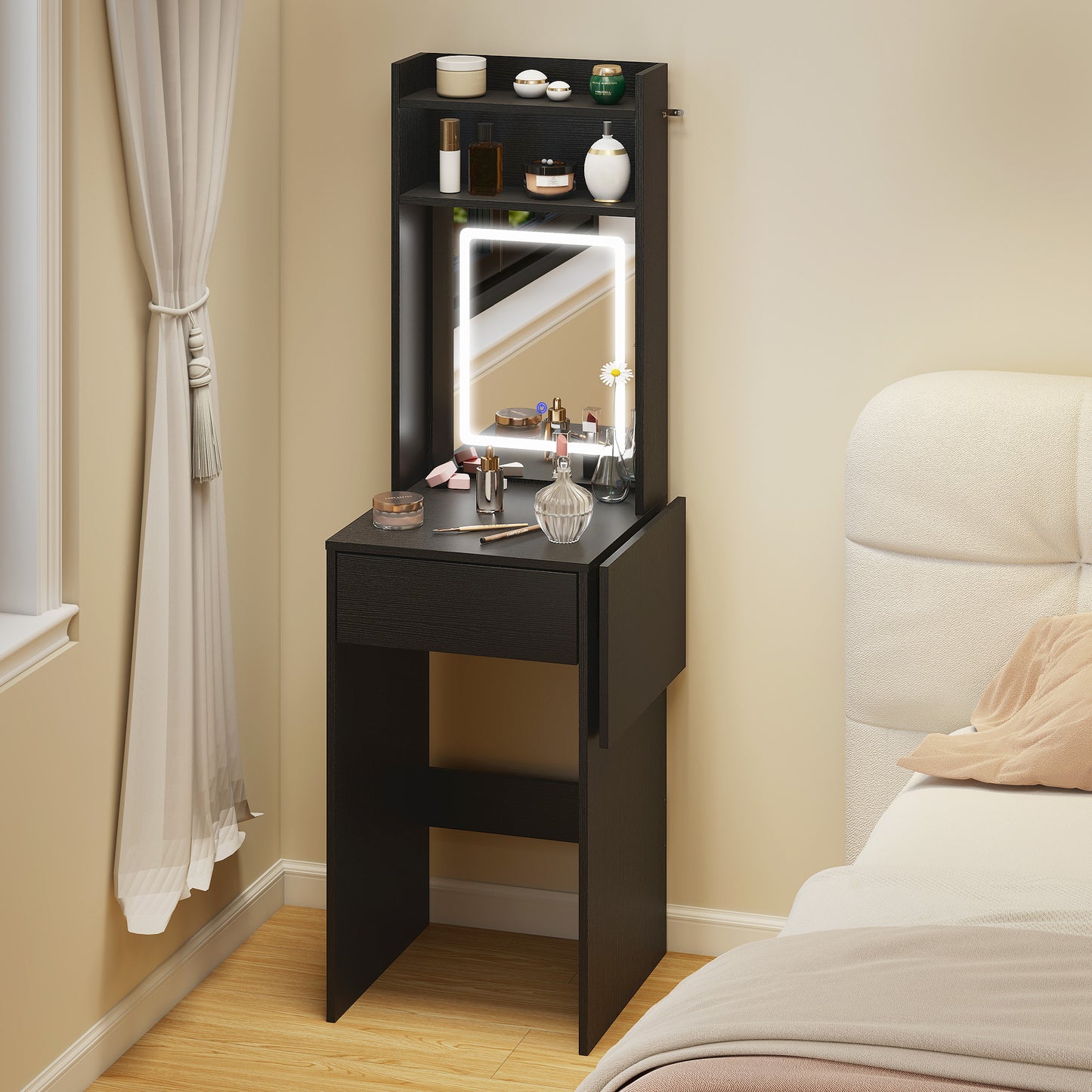 HOMCOM Small Vanity Desk with Mirror and LED Lights, Compact Dressing Table with Drop Leaf, Open Shelves and Drawer, Black