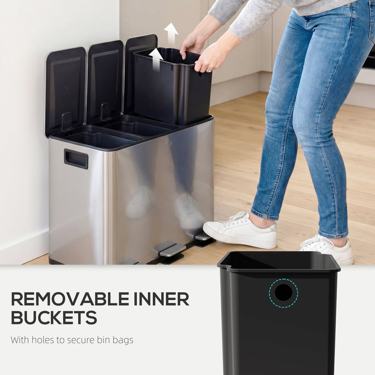 Triple pedal bin with open lids and a removable inner bucket