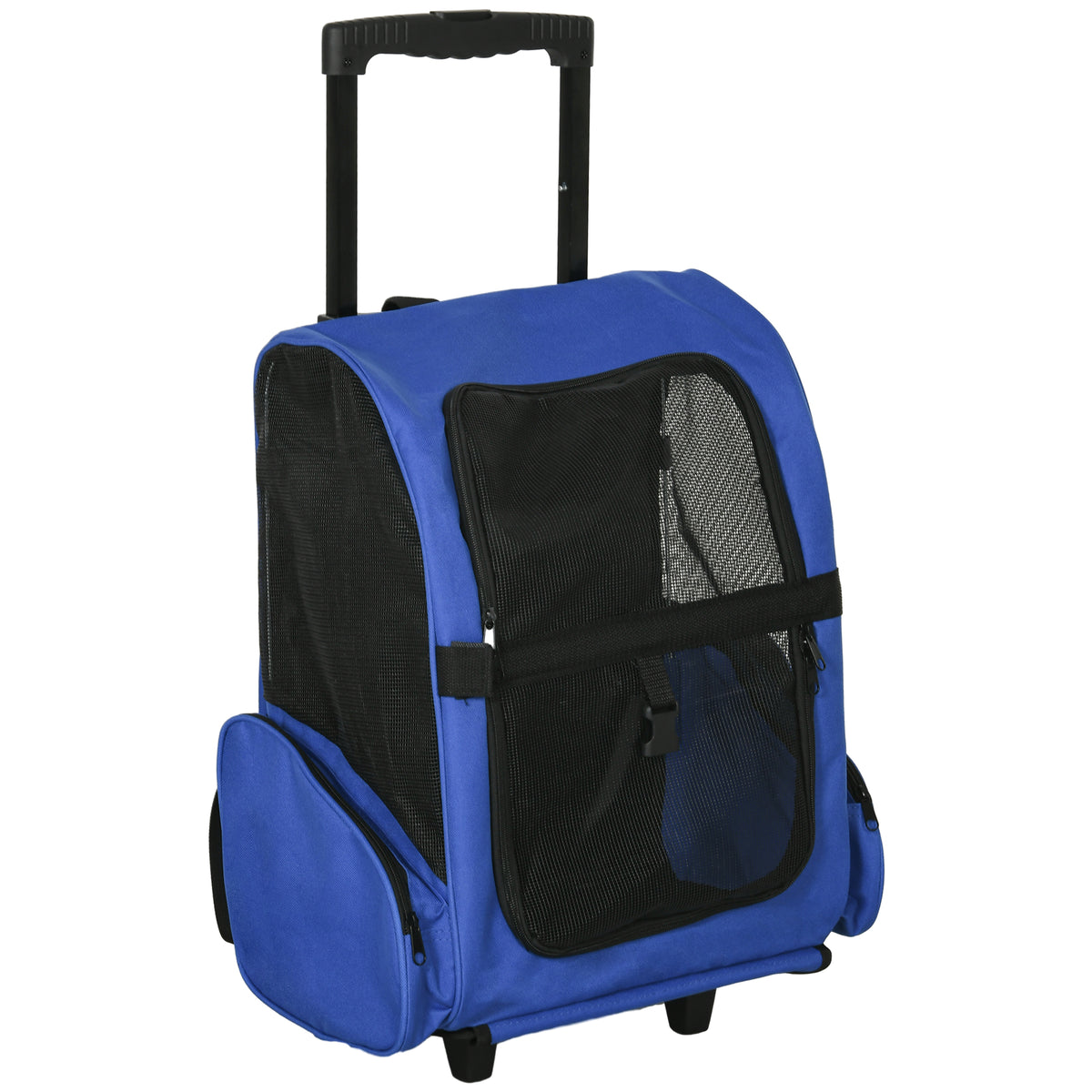 Photo of PawHut 2 in 1 Dog Backpack and Trolley, Pet Travel Backpack Cat Dog Carrier with Telescopic Handle, Portable Pet Stroller Wheel Luggage Bag (Blue) in (Blue) colour on a white background