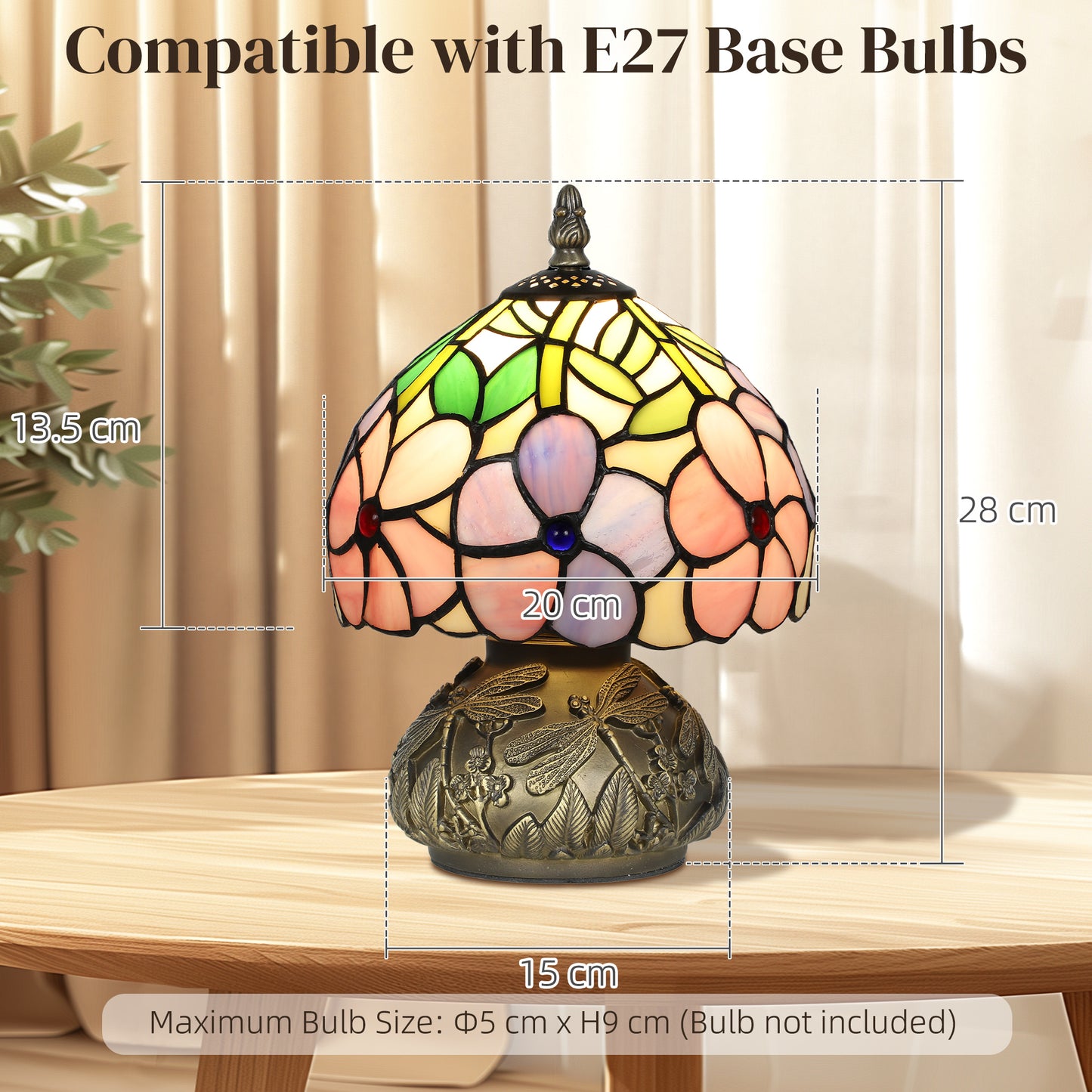 HOMCOM Tiffany-Style Table Lamp with Sculpted Dragonfly Base, Handcrafted Classic Stained Glass Bedside Lamp for Living Room and Bedroom, E27 Socket, Pink