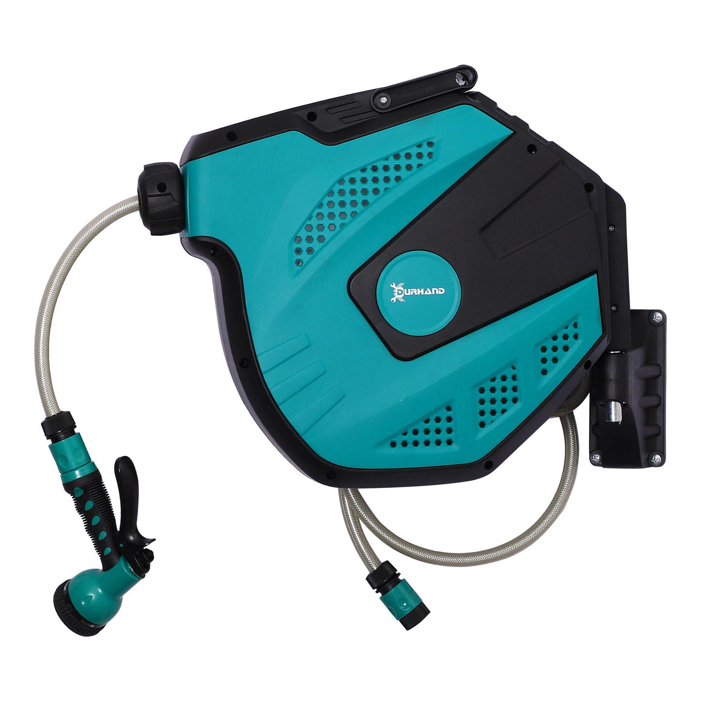 Photo of DURHAND 15m Garden Auto Hose Reel Wall Mounted Retractable 7 Patterns Spray Nozzle in Nozzle colour on a white background