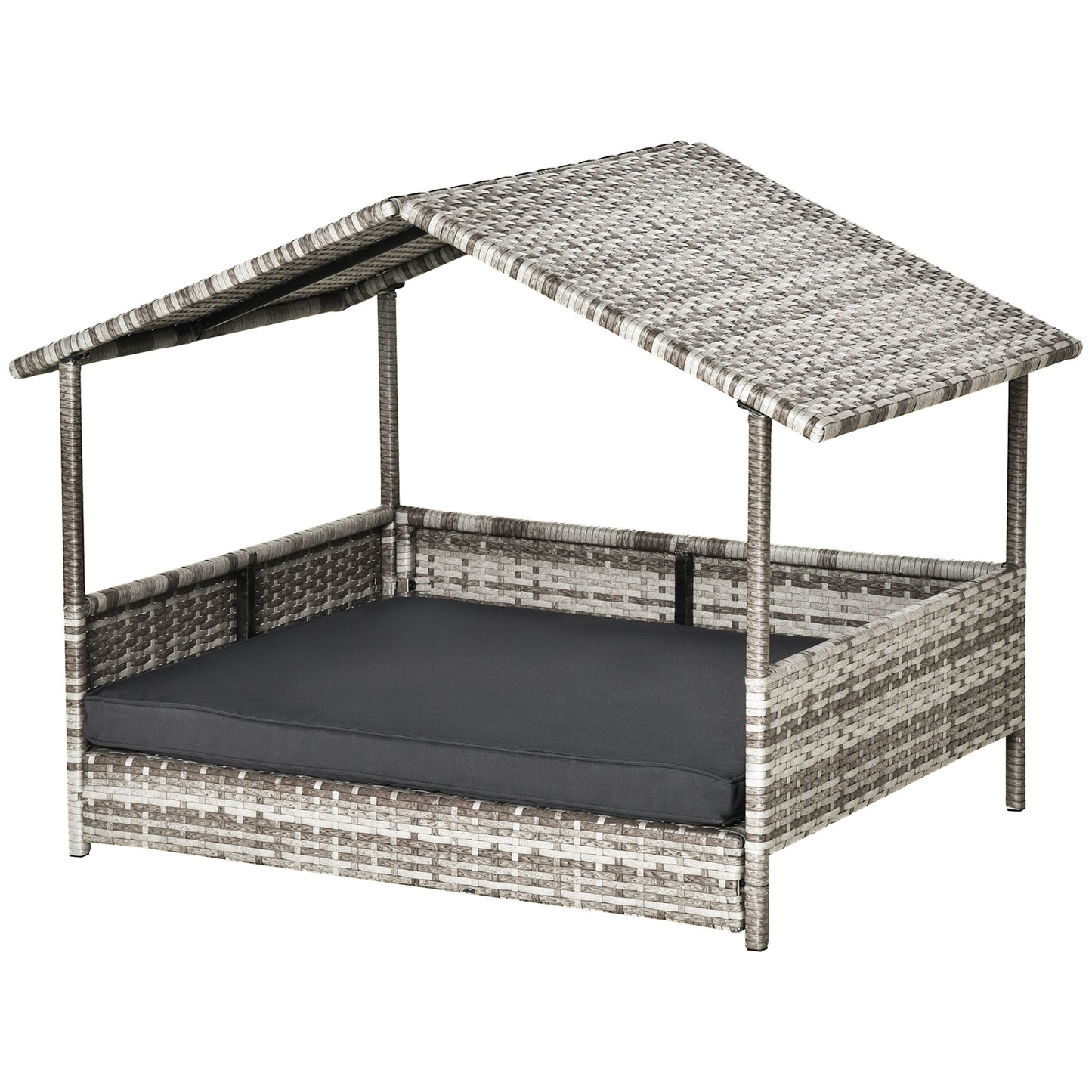 Photo of PawHut Wicker Dog House, Rattan Pet Bed, with Removable Cushion, Canopy, for Small and Medium Dogs - Dark Grey in Grey colour on a white background