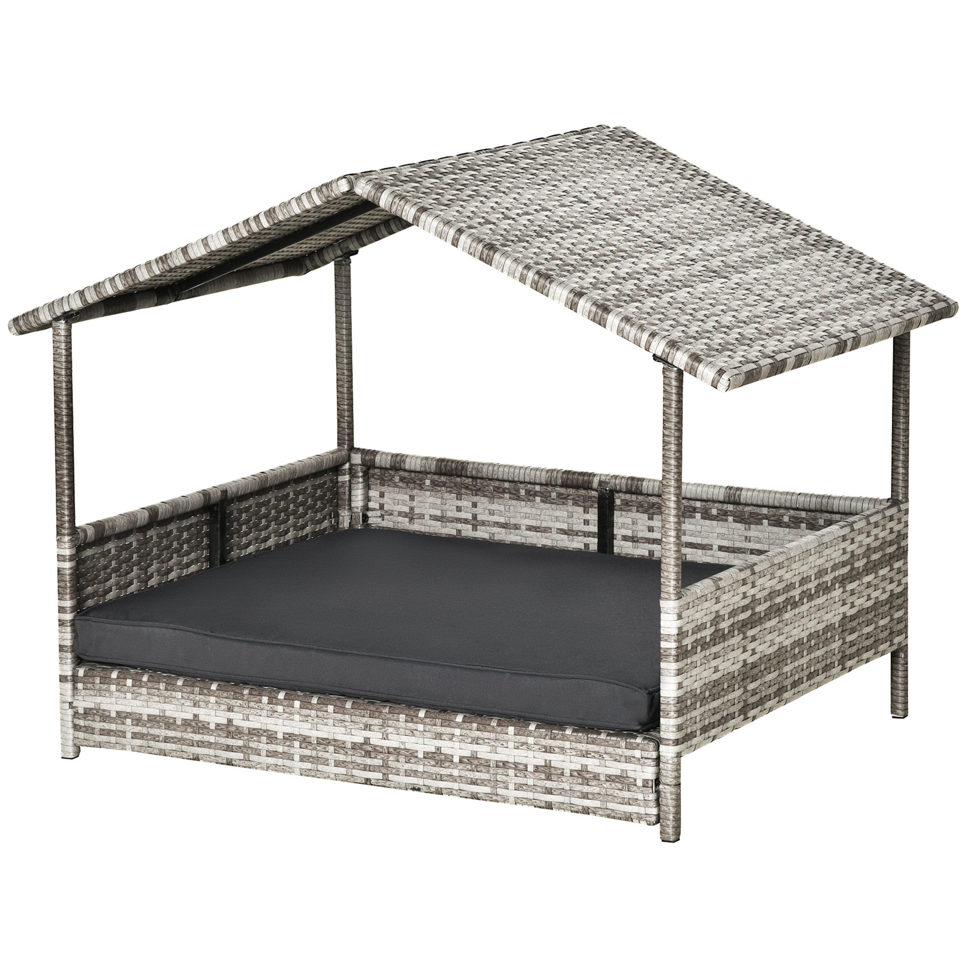Photo of PawHut Wicker Dog House, Rattan Pet Bed, with Removable Cushion, Canopy, for Small and Medium Dogs - Dark Grey in Grey colour on a white background