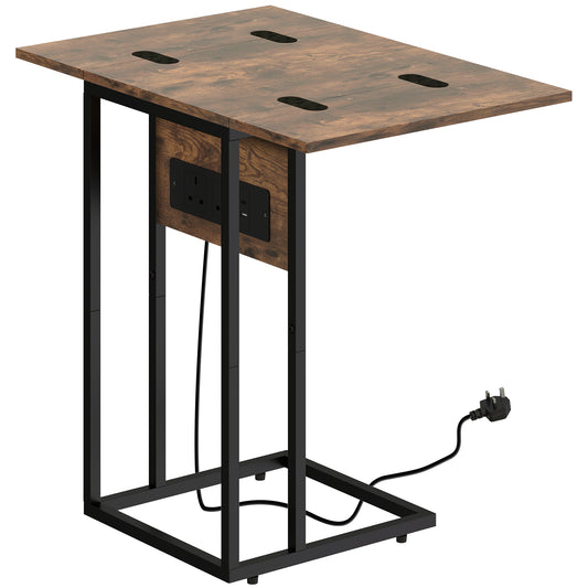 Photo of HOMCOM C Shaped Side Table with Charging Station and Foldable Top - Rustic Brown in Brown colour on a white background