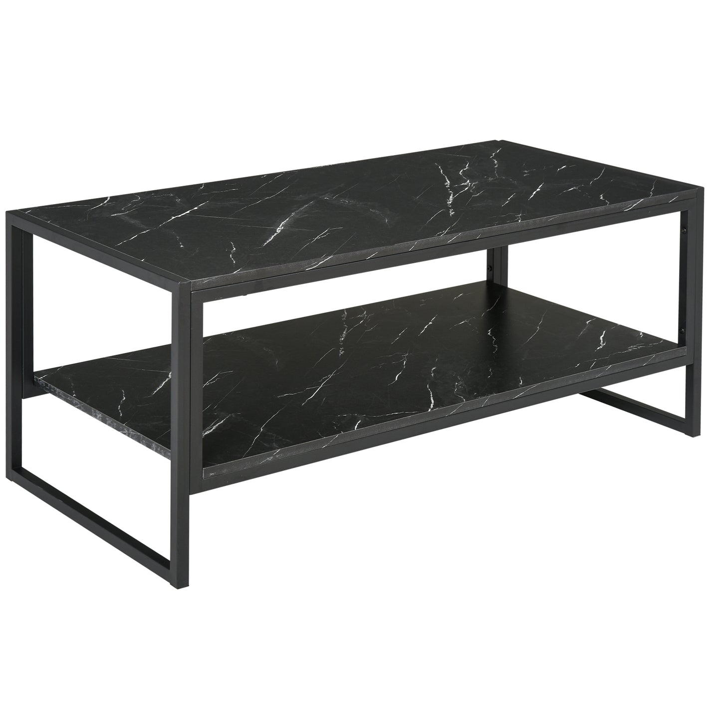 Photo of HOMCOM Coffee Table, Two-Tier Faux Marble Effect Centre Table with Metal Frame and Storage Shelf for Living Room, 106 x 50 x 45cm, Black in Black colour on a white background