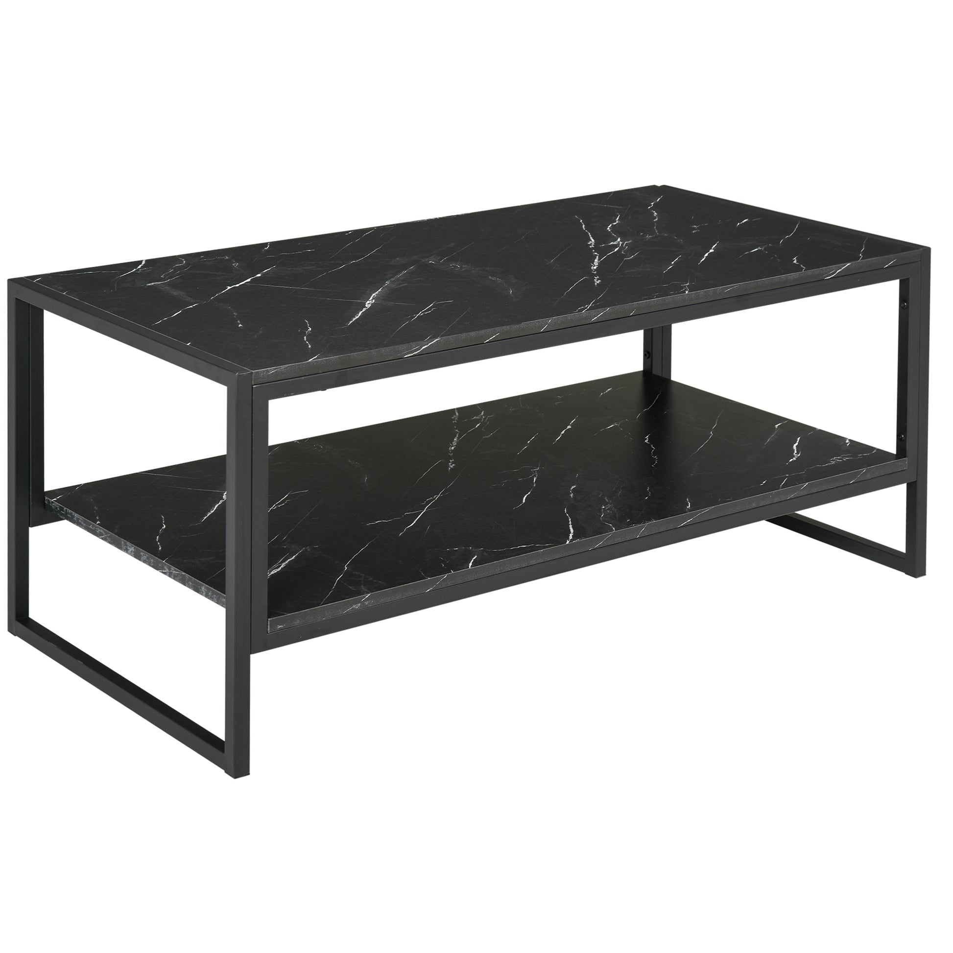 Photo of HOMCOM Coffee Table, Two-Tier Faux Marble Effect Centre Table with Metal Frame and Storage Shelf for Living Room, 106 x 50 x 45cm, Black in Black colour on a white background
