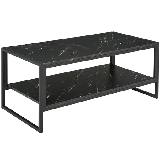 Photo of HOMCOM Coffee Table, Two-Tier Faux Marble Effect Centre Table with Metal Frame and Storage Shelf for Living Room, 106 x 50 x 45cm, Black in Black colour on a white background