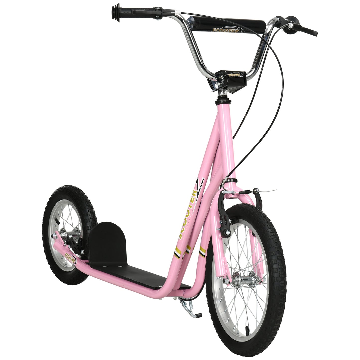 Photo of HOMCOM Kids Scooter, Teen Kick Scooter with Rubber Wheels, 16" Front Wheel, Height Adjustable Handlebar, Dual Brakes, Kick Stand, for 5+ Years, Pink in Pink colour on a white background