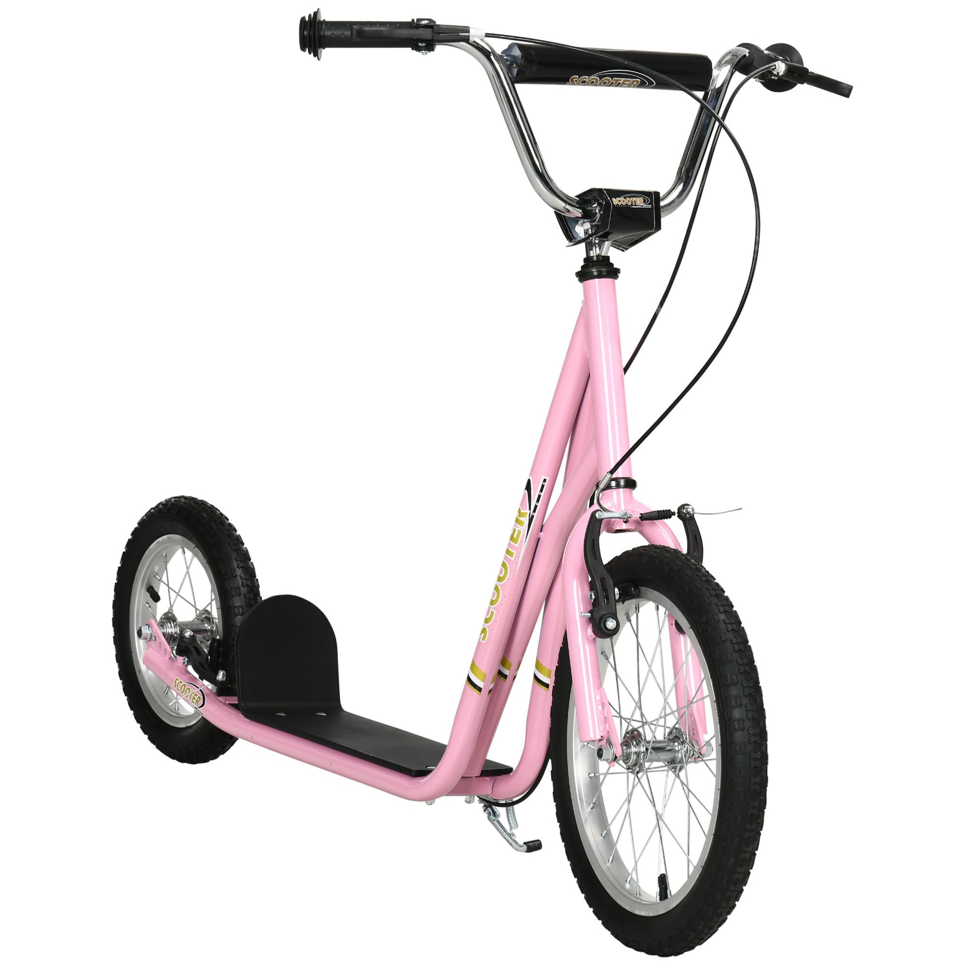 Photo of HOMCOM Kids Scooter, Teen Kick Scooter with Rubber Wheels, 16" Front Wheel, Height Adjustable Handlebar, Dual Brakes, Kick Stand, for 5+ Years, Pink in Pink colour on a white background
