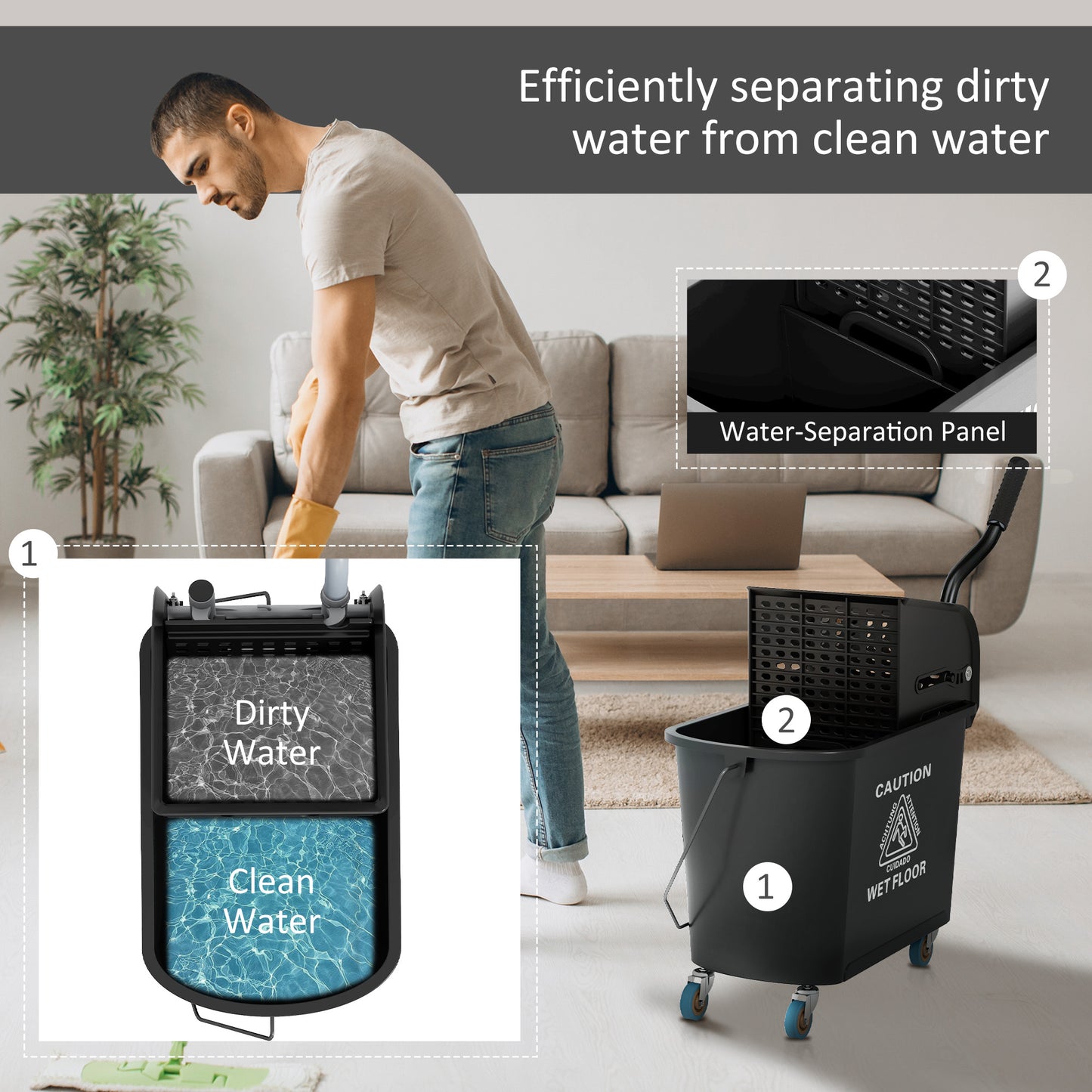 HOMCOM 20L Compact Mop Bucket on Wheels, with Water Separation Panel - Black