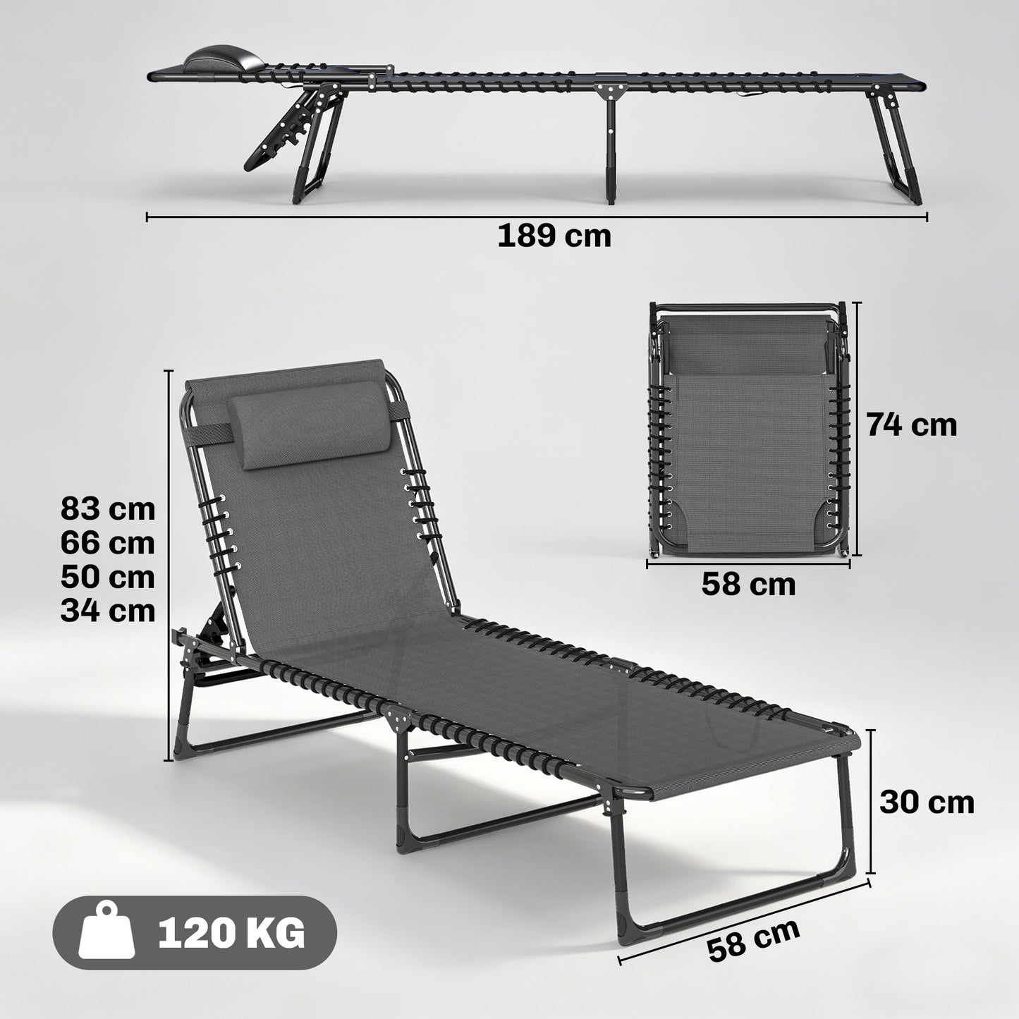 Outsunny Set of Two Folding Sun Loungers, with Four-Position Backs - Grey