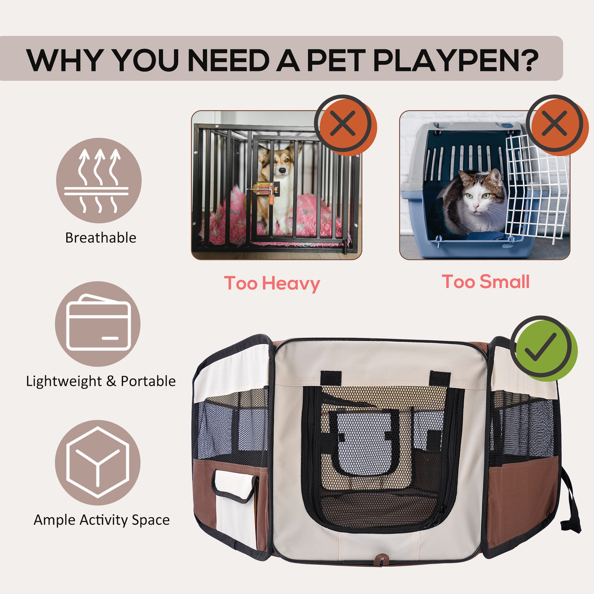 PawHut 600D Oxford Soft Fabric Kennel, Portable Lightweight Cat Dog Playpen, Foldable Pet Puppy Rabbit Guinea Pig Pen Run Dia 90 x 41H cm Indoor & Outdoor Brown