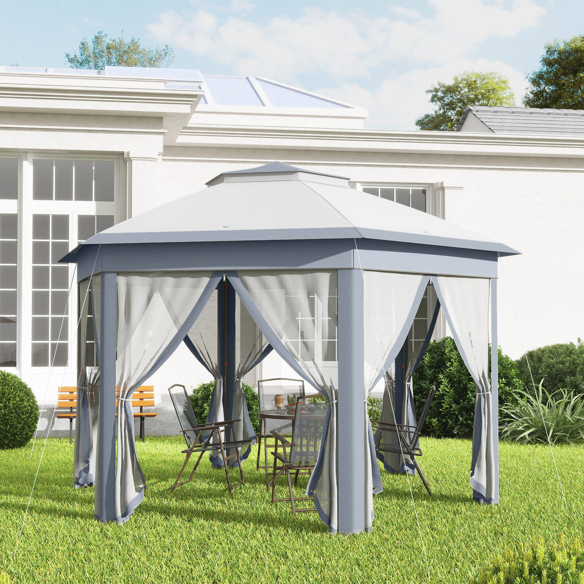 Outsunny grey-framed hexagonal gazebo with light curtains tied open