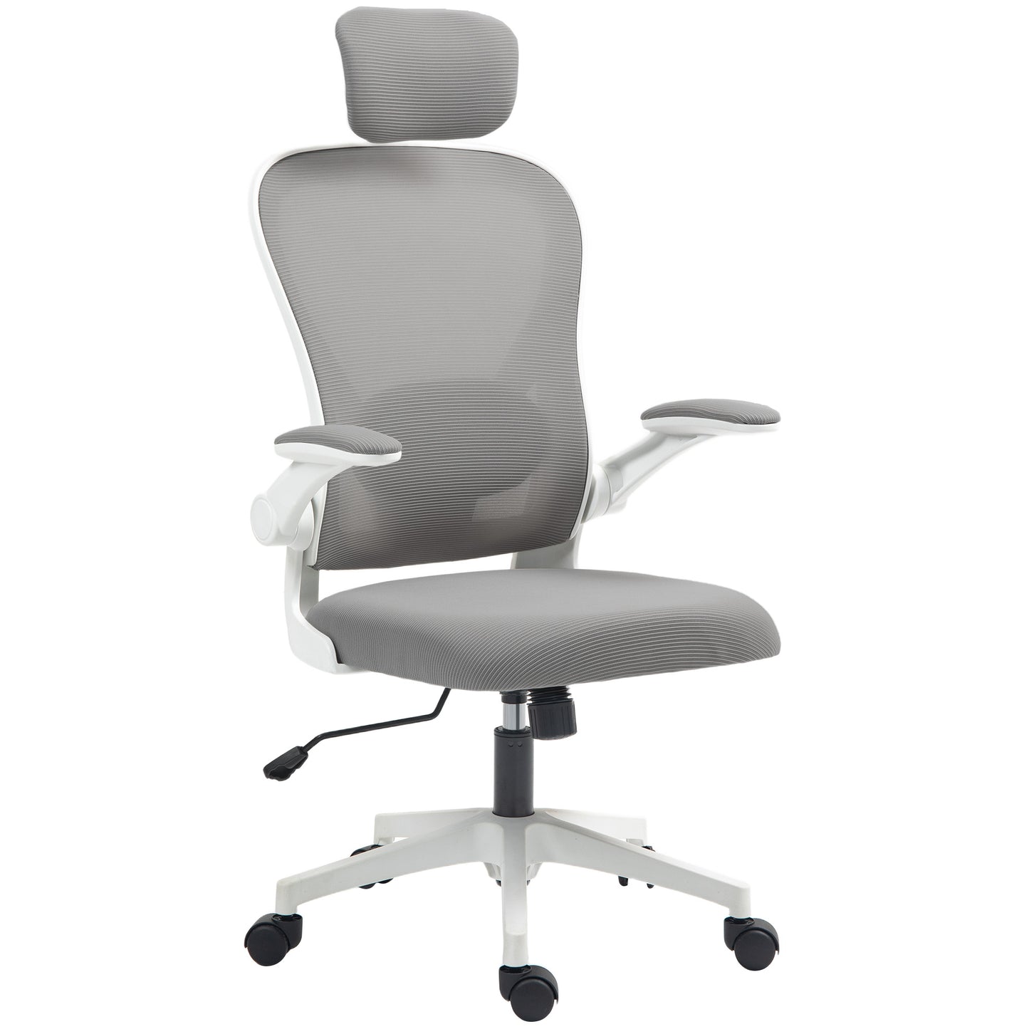 Photo of HOMCOM Executive Office Chair, Ergonomic Mesh High Back Desk Chair with Flip-up Armrest, Rotatable Headrest, Adjustable Lumbar Support for Home Study, Grey in Grey colour on a white background