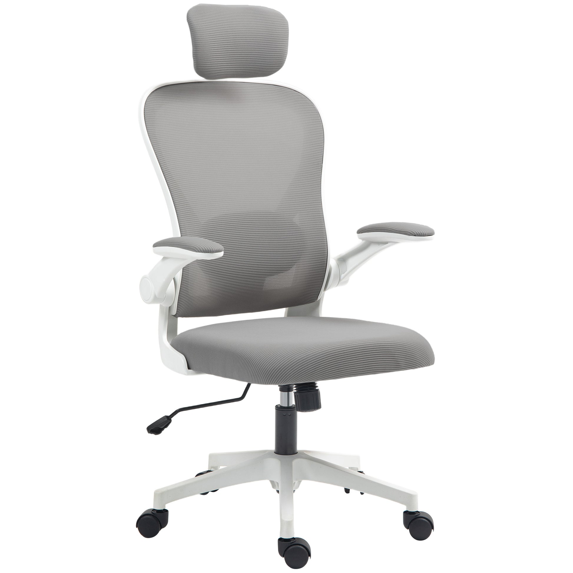 Photo of HOMCOM Executive Office Chair, Ergonomic Mesh High Back Desk Chair with Flip-up Armrest, Rotatable Headrest, Adjustable Lumbar Support for Home Study, Grey in Grey colour on a white background