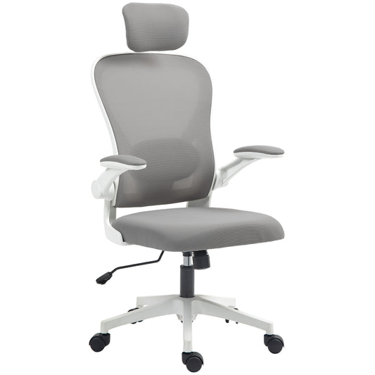 Photo of HOMCOM Executive Office Chair, Ergonomic Mesh High Back Desk Chair with Flip-up Armrest, Rotatable Headrest, Adjustable Lumbar Support for Home Study, Grey in Grey colour on a white background