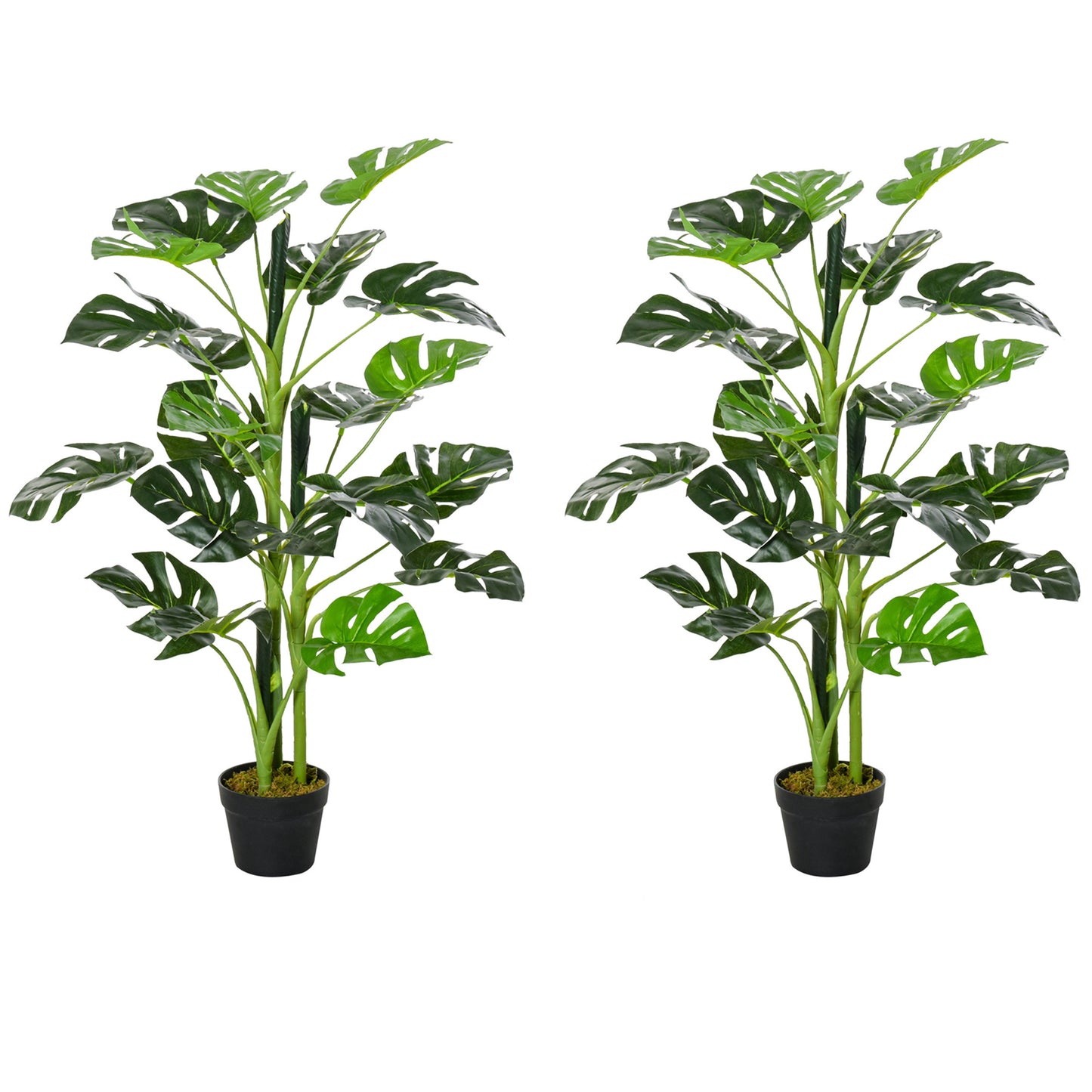 Photo of Outsunny 100cm/3.3FT Artificial Monstera Tree Decorative Cheese Plant 21 Leaves with Nursery Pot, Fake Tropical Palm Tree for Indoor Outdoor Décor, Set of 2 in 2 colour on a white background