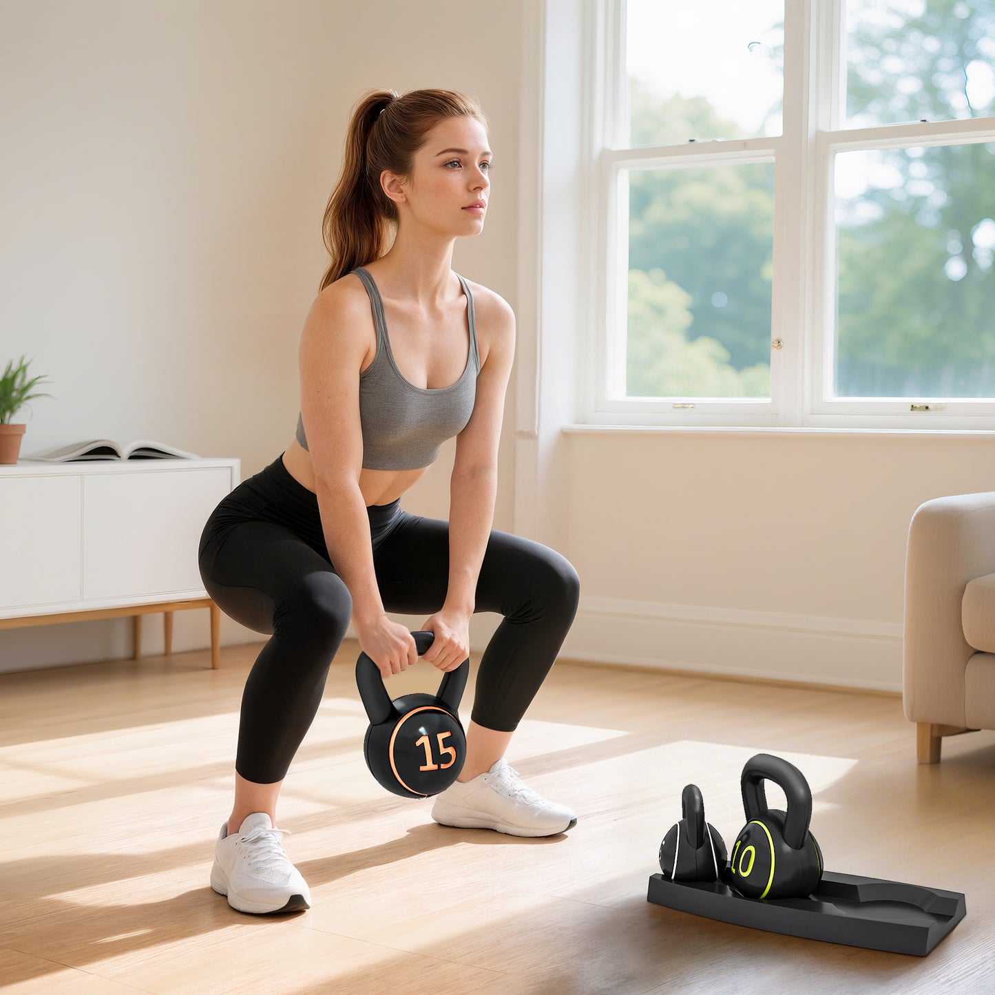 SPORTNOW Three-Piece Kettlebell Set, 5lbs, 10lbs, 15lbs with Storage Tray