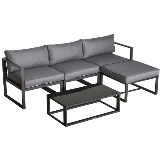 Photo of Outsunny 5 Pieces Outdoor Patio Furniture Set, Sofa Couch with Glass Coffee Table, Cushioned Chairs and Aluminum Tube, for Balcony Garden Backyard, Grey in Grey colour on a white background